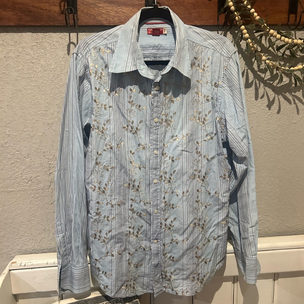 Guess Button Up Shirt Long Sleeve Mens L Blue Striped Embroidered